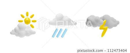3D weather elements vector icon set, white render clouds with glowing lightning, sun and rain, weather forecast symbols 112473404