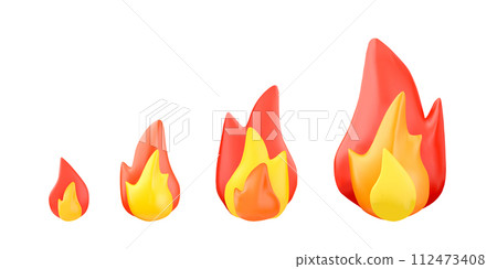 Burning bonfires or campfires, 3D realistic vector set, different sizes and shapes of flame, degrees combustion of fire 112473408