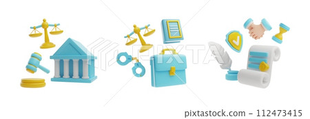 3D banner with a set of legal elements collected in a collection. 112473415