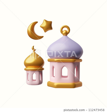 Set of 3D illustrations of traditional Muslim symbols and decorations on the theme of Ramadan. Set of 3D illustrations of traditional Muslim symbols and decorations on the theme of Ramadan. 112473458