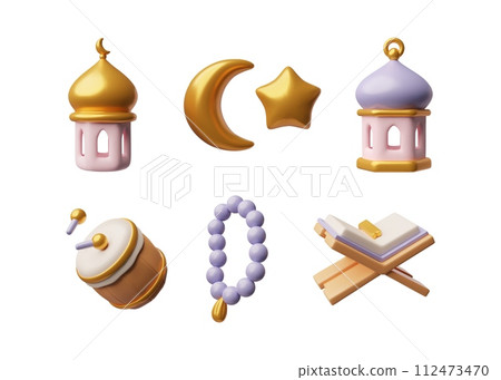 3D lanterns, golden crescent moon with star, rosary, Koran book and drum, Islamic Ramadan religion symbols vector set 112473470