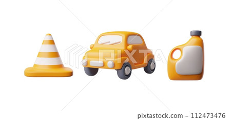 Repair transport service icon set, orange car, canister of motor oil, traffic cone realistic 3d vector automobile tools Repair transport service icon set, orange car, canister of motor oil, traffic cone realistic 3d vector automobile tools 112473476