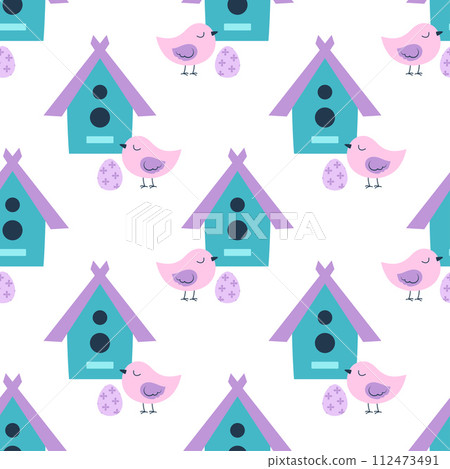 seamless pattern with birdhouse and easter eggs 112473491