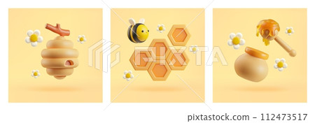 Honey, bee, hive and flowers. Volume 3d vector illustrations on cards Honey, bee, hive and flowers. Volume 3d vector illustrations on cards 112473517