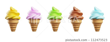 Ice cream in wafer cone realistic 3D vector icons set, soft serve different colors ice cream in wafer style cone dessert Ice cream in wafer cone realistic 3D vector icons set, soft serve different colors ice cream in wafer style cone dessert 112473523