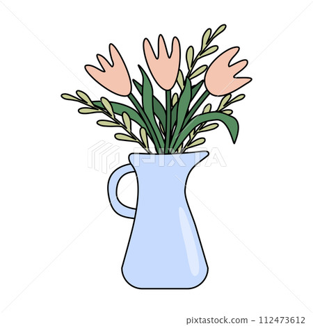 Ceramic or enamel jug with tulip bouquet, home interior design element, vector 112473612