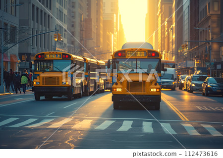AI-generated content. Buses carrying students to their homes in New York City AI Generative AI-generated content. Buses carrying students to their homes in New York City AI Generative 112473616