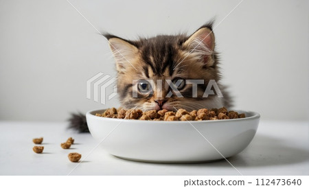 Happy domestic kitten eating kitten food from a white plate. Scandinavian style kitchen. Pet health and nutrition. 112473640