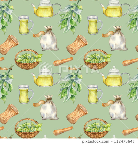 Utensils mortar, glass teapot with herb tea and nettle watercolor seamless pattern isolated on green. Herb sachet and straw basket with medicinal plants hand drawn. Design for textile, wrapping 112473645