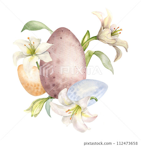 Easter eggs with flower arrangement. White lily Christian symbol watercolor illustration isolated. Flower and egg composition hand drawn in pastel color. Design for invitation, Easter decoration 112473658