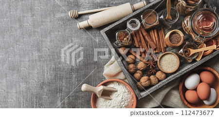 Bread flour with egg, butter and accessories bakery on wood background, prepare for homemade bakery  112473677