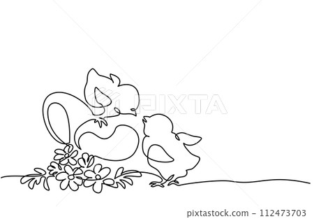 Happy Easter spring decoration. Easter eggs, chicks and flowers. 112473703