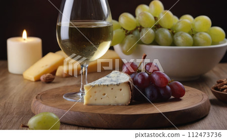 AI-generated content. Cozy wine tasting setting glass of white wine, cheese, and grapes. A warm and inviting atmosphere for a relaxed evening or wine tasting. 112473736