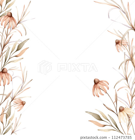 Watercolor border botanical autumn illustration echinacea branches flowers and herbs. Autumn frame illustration. Hand painted drawing isolated on white background. Floral composition pastel color 112473785