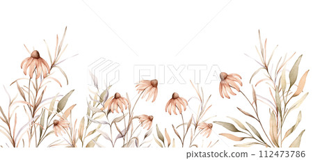 Watercolor border botanical autumn illustration echinacea branches flowers and herbs. Autumn banner illustration. Hand painted drawing isolated on white background. Floral composition pastel color Watercolor border botanical autumn illustration echinacea branches flowers and herbs. Autumn banner illustration. Hand painted drawing isolated on white background. Floral composition pastel color 112473786