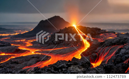 Volcano erupting and flowing lava (AI generated image) 112473789