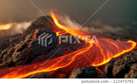 Volcano erupting and flowing lava (AI generated image) 112473791