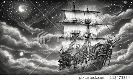 A sailboat drawn in black pencil 112473824