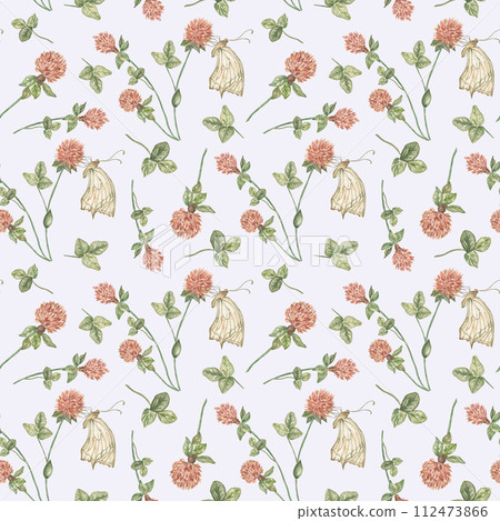 A botanical pattern on a violet background with meadow, wild clover flowers and butterflies. Seamless watercolor pattern. Wrapping paper design, delicate print for fabric. A botanical pattern on a violet background with meadow, wild clover flowers and butterflies. Seamless watercolor pattern. Wrapping paper design, delicate print for fabric. 112473866