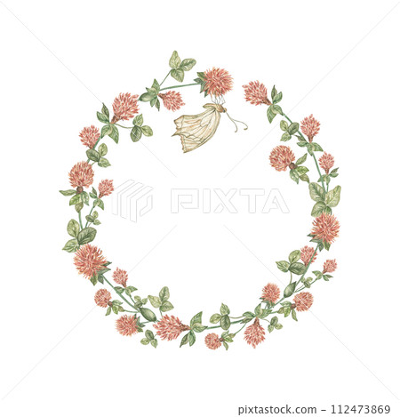 A round watercolor wreath of wildflowers made of clover flowers and leaves, and a butterfly. Template for text, greeting card, wedding invitation, menu, packaging. 112473869
