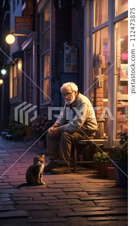 Old man sitting on the porch of a house with a cat 112473875