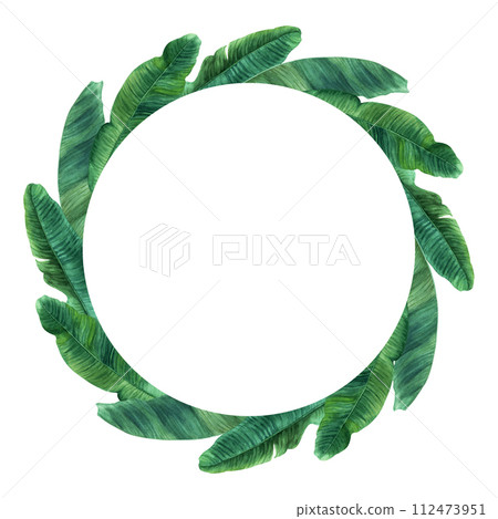 Watercolor wreath frame with banana tree leaves. Hand drawn botanical illustration isolated on white background. For clip art cards invitation label package 112473951
