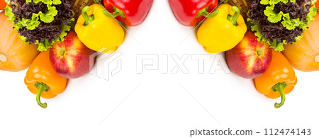 Set of vegetables and fruits isolated on a white. Collage. Wide photo. There is free space for text. 112474143