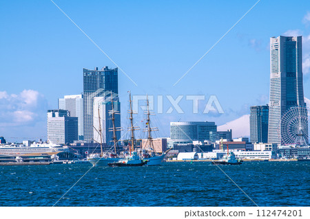 Yokohama cityscape in Japan, Nippon Maru at Yokohama Port. You can see Asuka II, Yokohama Maritime Disaster Prevention Base, Yokohama Landmark Tower, etc. 112474201