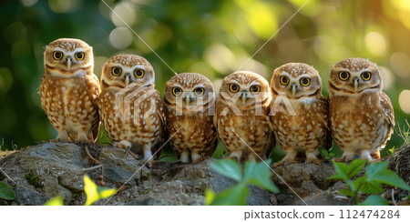 group of Burrowing owls (Athene cunicularia) in nature 112474284