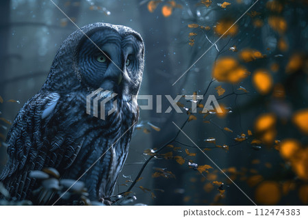 tawny owl (Strix nebulosa) in the forest 112474383