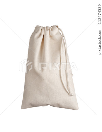 Natural textile bag with drawstrings isolated on white background Natural textile bag with drawstrings isolated on white background 112474529