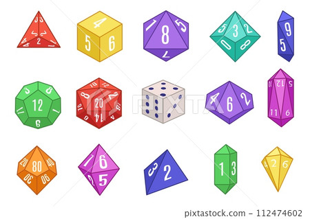 Board game dices. Various dice set for tabletop role playing games, geometric multi-sided dice isolated vector illustration set Board game dices. Various dice set for tabletop role playing games, geometric multi-sided dice isolated vector illustration set 112474602