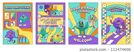 Board games evening event banners. Invitation poster or flyer design with playful tabletop gaming geometric characters vector illustration set 112474606