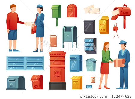 Cartoon postman and mail. Postal service and classic mailboxes, delivery service isolated vector illustration set 112474622