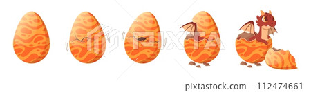 Dragon hatching from egg. Mythical fire dragon egg through incubation to birth, cartoon hatching process animation frames vector illustration set Dragon hatching from egg. Mythical fire dragon egg through incubation to birth, cartoon hatching process animation frames vector illustration set 112474661
