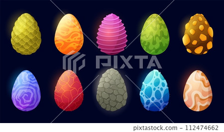 Cartoon fantasy dragon egg. Mythical creature eggs with unique patterns, magic textures and vibrant colors vector illustration set 112474662