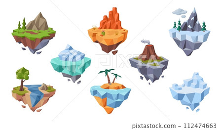 Low poly flying island. Floating landforms with various natural environments. Video game worlds isolated vector illustration set 112474663