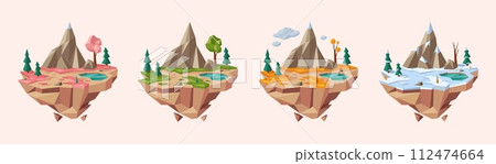Low poly four seasons islands. Floating isometric landscape, miniature ecosystem spring, summer, autumn and winter vector illustration set 112474664