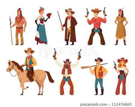 Cartoon wild west characters. Classic western cowboy and cowgirl, native american warrior, saloon dancer and sheriff vector illustration set 112474665