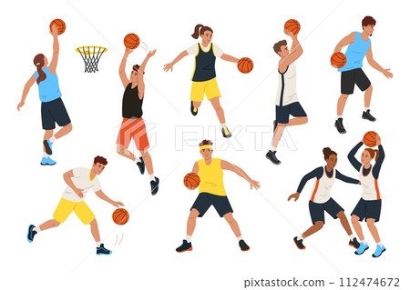 Dynamic basketball players in action. Athletes characters shooting, dribbling and passing the ball vector illustration set 112474672
