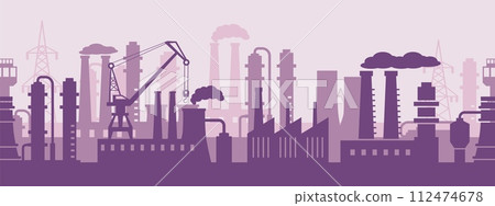 Industrial factory exterior. Manufacturing infrastructure skyline silhouette, production facilities and panoramic industrial area seamless vector landscape background illustration 112474678