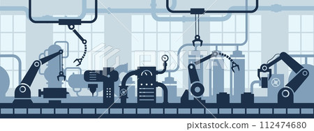 Industrial factory interior. Industry 4.0 assembly line, conveyor belt with robotic arms and machinery vector seamless background illustration 112474680