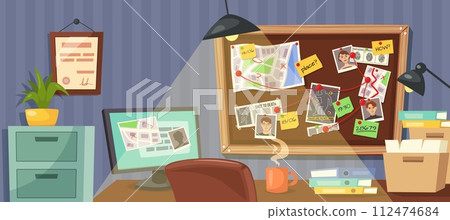 Private detective workplace. Office scene with investigation board, desk cluttered with evidence files cartoon vector illustration Private detective workplace. Office scene with investigation board, desk cluttered with evidence files cartoon vector illustration 112474684