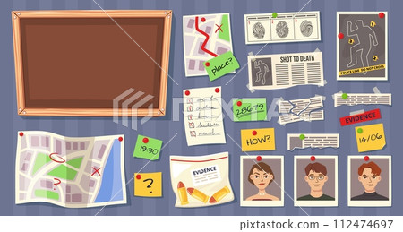 Cartoon detective board elements. Investigation clues and evidence maps, fingerprint records, suspect photos and notes for cork board vector illustration set 112474697