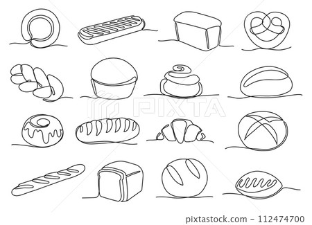 Continuous one line bakery products. Hand drawn baked goods, minimalist loaf, baguette sketch, breakfast croissant, pretzel, doughnut and rolls vector illustration set Continuous one line bakery products. Hand drawn baked goods, minimalist loaf, baguette sketch, breakfast croissant, pretzel, doughnut and rolls vector illustration set 112474700