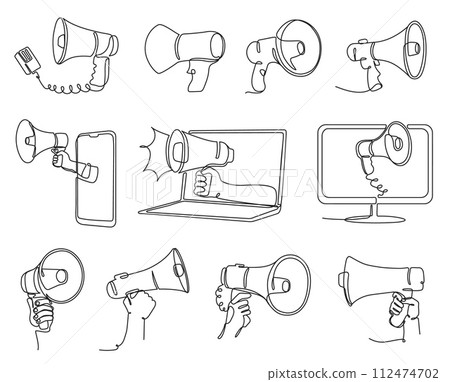 Continuous one line megaphone. Handheld loudspeakers for announcements and advertising, Minimalist hand drawn megaphones sketches vector illustration set 112474702