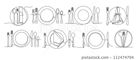 Continuous one line served plate. Minimalist plates, forks, knives and spoons for restaurant menu design vector illustration set Continuous one line served plate. Minimalist plates, forks, knives and spoons for restaurant menu design vector illustration set 112474704