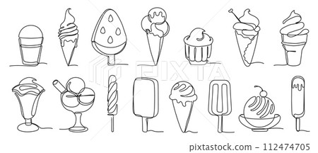 Continuous one line ice cream. Hand drawn soft serve frozen desserts, cold popsicles and sundaes vector illustration set 112474705