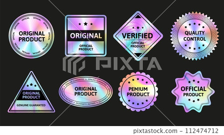 Secure holographic stickers. Original quality iridescent labels, verified product badges and official seals with holo foil gradient vector set Secure holographic stickers. Original quality iridescent labels, verified product badges and official seals with holo foil gradient vector set 112474712