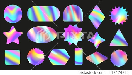 Iridescent holo sticker shapes. Holographic geometric forms, colorful foil decals vector background set 112474713